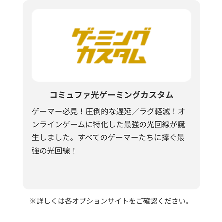 コミュファ光ゲーミングカスタム
ゲーマー必見！圧倒的な遅延／ラグ軽滅！オンラインゲームに特化した最強の光回線が誕生しました。すべてのゲーマーたちに捧ぐ最強の光回線！