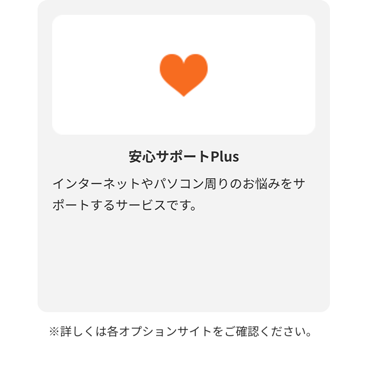安心サポートPlus
インターネットやパソコン周りのお悩みをサポートするサービスです。