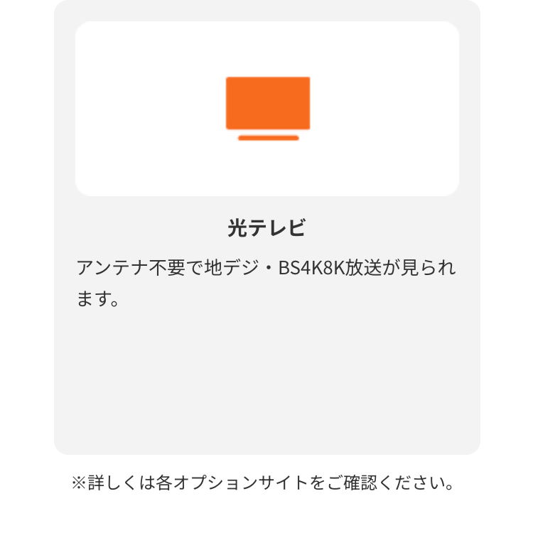 光テレビ
アンテナ不要で地デジ・BS4K8K放送が見られます。